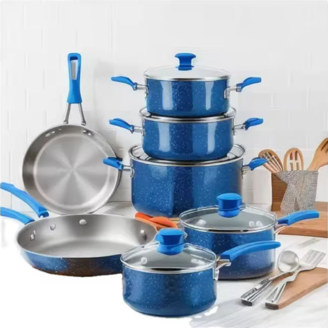 그릴 팬이 포함된 경쟁력 있는 가격 조리기구 세트 13개 조리기구 세트 브랜드 이중 화강암 코팅 조리기구 세트